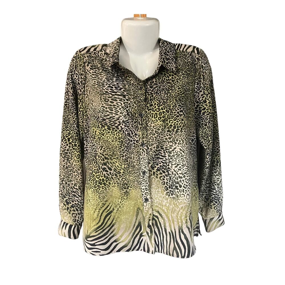 Susan Graver Women's Green Animal Print Long Sleeve Button-Up Blouse | Size 8